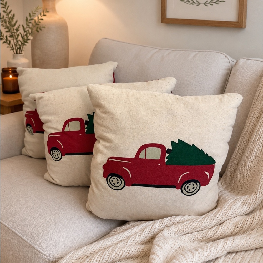 Set of 3 Target Red Plaid Truck Christmas Throw Accent Pillows farmhouse